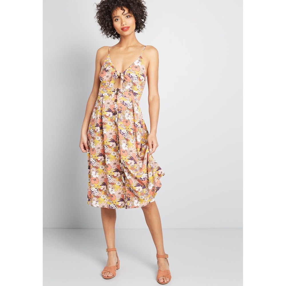 ModCloth Gilli Floral Midi Dress Tie Front Button Up Pockets Yellow Pink Small